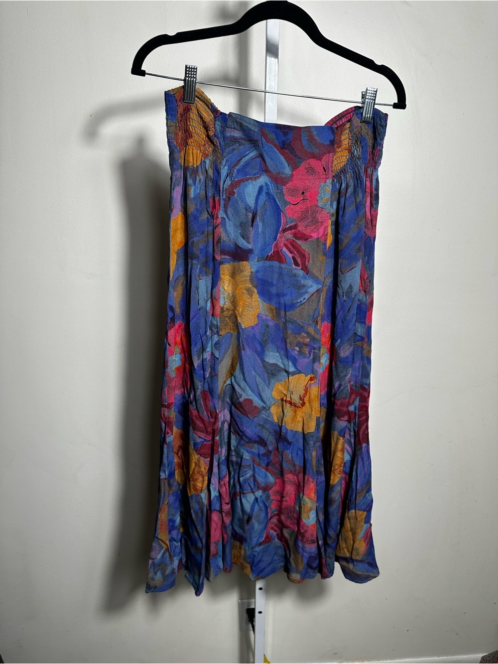X399. Carole Little Blue Floral Midi Skirt with Pink & Gold Accents